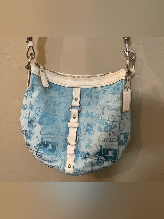 Coach Handbags - Coach Light Blue Signature Canvas Shoulder Bag Cream Trim horse carriage canvas